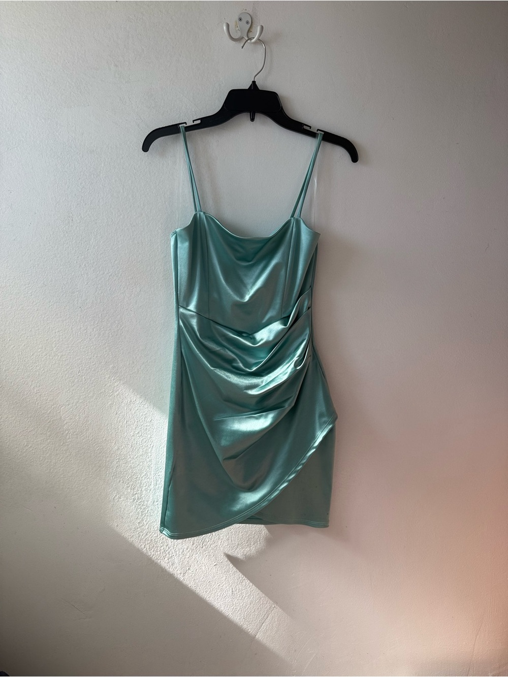 Windsor Aqua Satin Draped Cowl Mini Dress